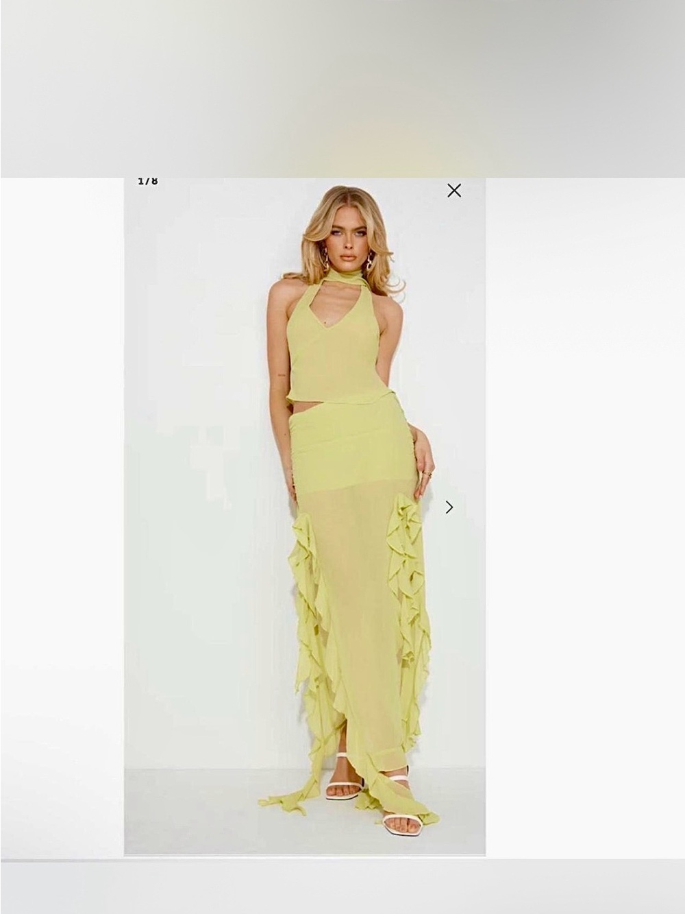 Lioness Lime Chiffon Maxi Skirt with Asymmetrical Hem, Ruching, and Ruffles - Picture 9 of 9